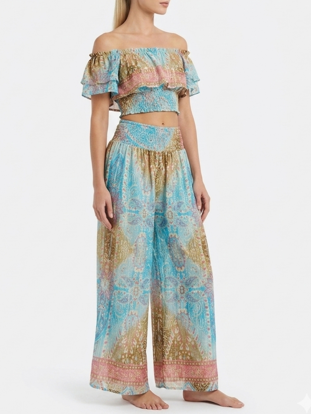 NEW Bohemian Wide Leg Pants Crop Top Set Size OS Blue Summer Feminine Paisley
